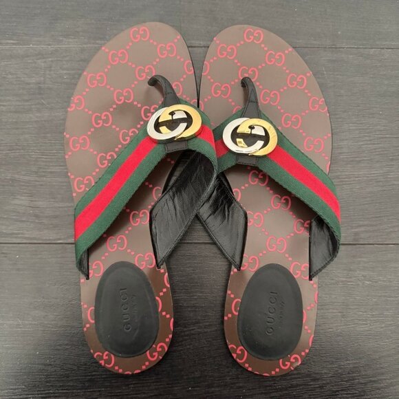 Gucci Kika Green Red Canvas Thong Flat Sandals - Picture 1 of 5